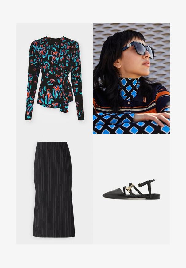 Must musta varrukatega topp, mis esitleb värvilist lillemustrit punases, türkiissinises ja sinises, ning millel on sõlmeline detail vöökohtadel.; Patrizia Pepe GONNA SKIRT - Pliiatsseelik - black stripes; Mustad mustad kingad terava varbaga, valmistatud siledast nahast. Omavad ristsuunalisi rihmasid ja kaunist kuldset mesilase võlu.; Mustad üle suurte mustade prillide, mille küljes on logo, koos sinise ja musta mustriga kõrge kaelusega kampsuniga, millel on nurgelised kujundid ja triibud.; Helehall metallik handbags, millel on kett, kaunistatud väikeste ümmarguste metallist õmblustega ja kolmnurkse brändi logoga.