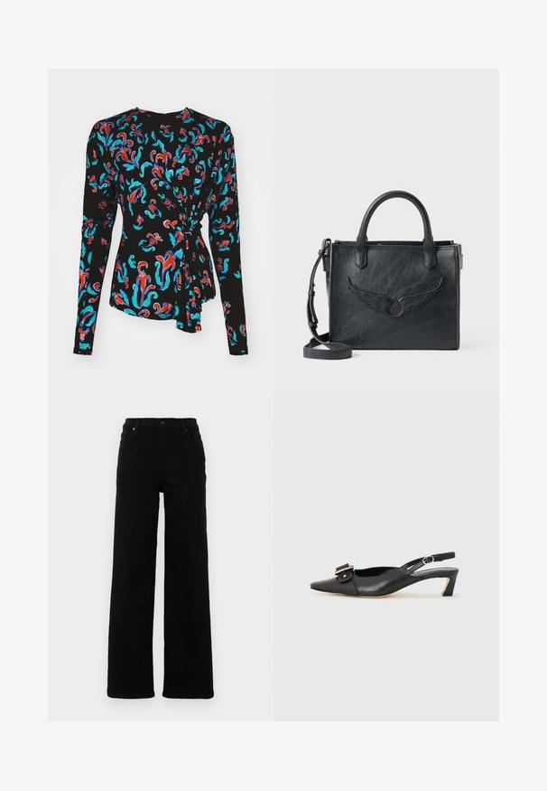 Schwarzes Langarmoberteil mit einem bunten Blumenmuster in Rot, Türkis und Blau sowie einem Knotenakzent in der Taille.; Schwarze hochgeschnittene Jeans mit geradem Bein, aus Denim. Sie verfügen über Gürtelschlaufen, Fronttaschen und einen Knopf-Detail.; Schwarzer Leder Slingback-Schuh mit spitzer Zehenform, kleinem Absatz und dekorativem Schnallen-Detail auf dem Obermaterial. Glatte Textur, minimalistisches Design.; Schwarze Ledertasche mit Flügeldesign-Akzent. Verfügt über zwei runde Griffe und einen abnehmbaren Schultergurt. Texturierte Oberfläche. Kompakte Form.