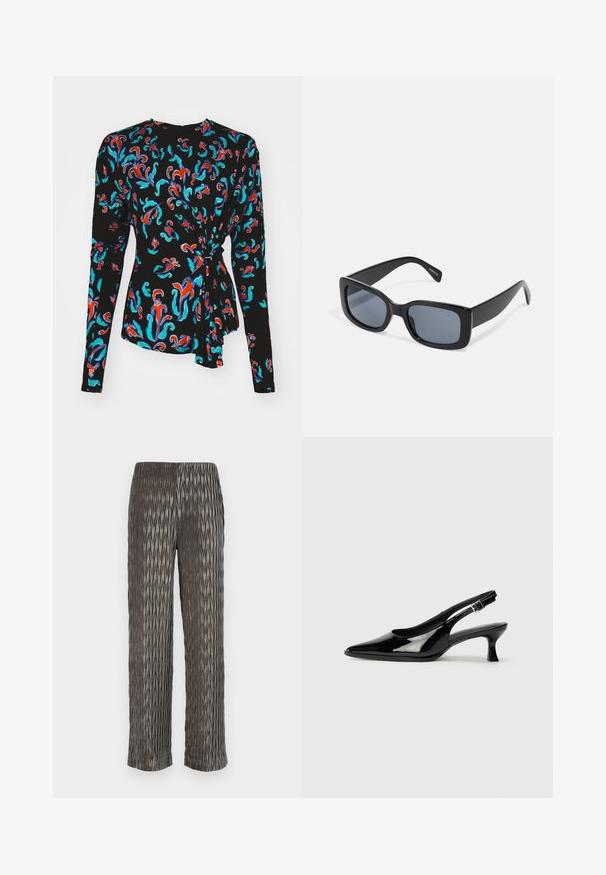Juodas ilgomis rankovėmis palaidinė su spalvingu gėlių raštu raudonos, turkio ir mėlynos spalvos, su susuktomis detalėmis liemens vietoje.; Pilki klostuoti pločio džinsai su tekstūruotu, rombo formos raštu. Minkšta medžiaga, elastinga juostos dalis ir trumpa ilgis.; Juodų lakinės odos slingback batų su smailiu šonu ir žemu blokiniu kulnu. Reguliuojama sagtis aplink kulkšnį.; Juodos stačiakampės saulės akinių su tamsiai tamsintais lęšiais, storesnio plastiko rėmu ir plačiomis šventyklomis. Lygi paviršius ir kampuotas dizainas.; Sidabrinė metalinė rankinė su struktūrizuota forma, turinti viršutinę rankeną ir kaspiną priekyje. Lygi tekstūra, atspindinti apdaila.