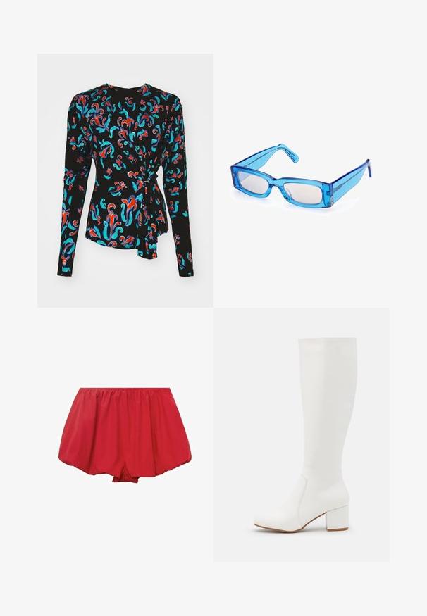 Černý dlouhý rukáv top s barevným květinovým vzorem v červené, tyrkysové a modré barvě se uzlovým akcentem v pase.; Červené, lehké šortky s elastickým pasem. Mají volný, rozšířený střih a nařasenou tkaninu pro pohodlné nošení.; Bílé holenní boty s hladkým, lesklým povrchem. Čtvercový blokový podpatek a jemné švy podél strany.; Modré průhledné obdélníkové sluneční brýle s širokým rámem, mírně zakřivenými stranami a světlými skly. Obsahují jemné značení značky.