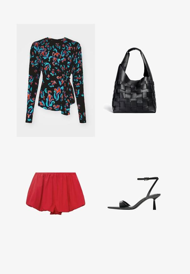 Čierny top s dlhým rukávom zdobený farebným kvetinovým vzorom v červenej, tyrkysovej a modrej farbe s uzlovým akcentom v oblasti pásu.; Červené, ľahké šortky s elastickým pásom. S voľným, rozšíreným strihom a zchreným materiálom pre pohodlný pocit.; Bershka Sandále na vysokom opätku - black; Čierna kožená tkaná taška s voľným tvarom a širokým ramenným popruhom. Disponuje textúrovaným, prepleteným dizajnom s hladkým povrchom.