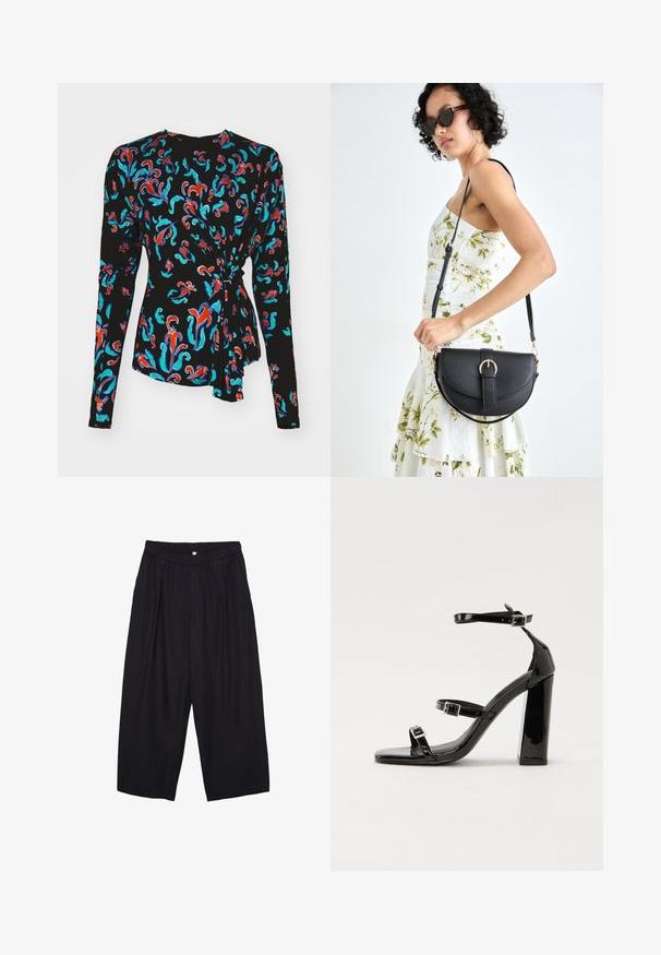Schwarzes Langarmoberteil mit einem bunten Blumenmuster in Rot, Türkis und Blau sowie einem Knotenakzent in der Taille.; Schwarze Polyester-Culotte mit einem elastischen Bund, zwei vorderen Falten und einer lockeren Silhouette. Keine sichtbaren Muster oder Hardware-Details.; Schwarze patentierte Sandalen mit Absatz, quadratischer Spitze, Knöchelriemen und silbernen Schnallen. Mit einem stabilen Blockabsatz für mehr Stabilität.; Schwarze Lederhandtasche mit geschwungener Form, abnehmbarem Tragegurt und goldenen Beschlägen. Die Tasche verfügt über einen Deckel mit einer Schnallen-Details.