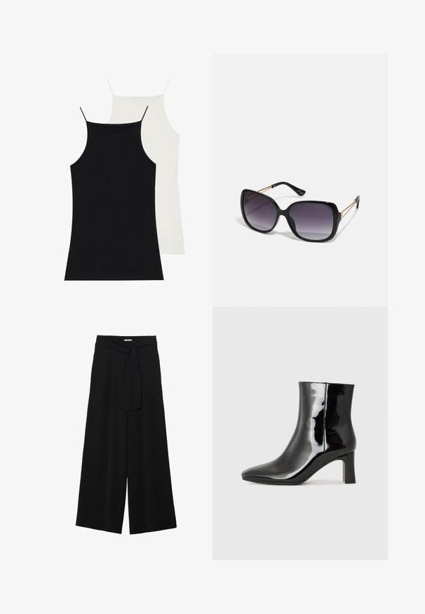 Twee tanktops in zwart en wit, gemaakt van zacht materiaal. Beide hebben dunne bandjes en een fitted ontwerp, met een gladde textuur.; Zwarte wijde broek van textuurstof, met een elastische tailleband en een afneembare sjaalstrik in de taille voor een verstelbare pasvorm.; Zwarte gepolijste leren enkellaars met een spitse neus en een blokhak van gemiddelde hoogte. Glad textuur en minimalistisch ontwerp.; Zwarte oversized zonnebril met gradient glazen, dikke montuur en gouden kettingdetails op de pootjes.; Zwarte handtas met gestructureerde vorm, gladde textuur en een metalen sluiting. Gecombineerd met brede zwarte broeken en sandalen met open teen op een houten vloer.