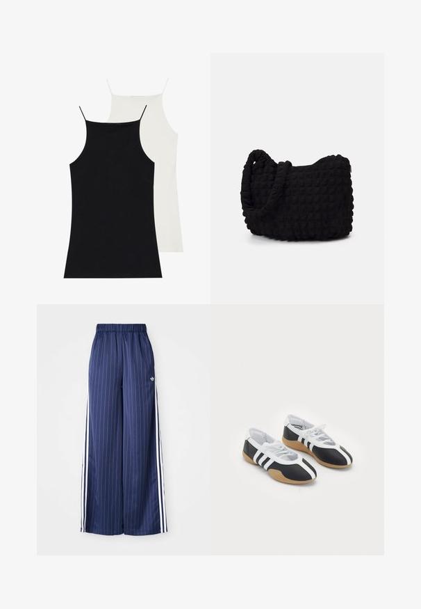 Dwie koszulki na ramiączkach w kolorze czarnym i białym, wykonane z miękkiego materiału. Obie mają cienkie ramiączka i dopasowany fason, z gładką teksturą.; Granatowe szerokie spodnie z pionowymi białymi paskami, elastycznym pasem i trzema białymi paskami po bokach, wykonane z lekkiego materiału.; Czarno-białe buty sportowe o smukłym designie, gumowej podeszwie, sznurowanym zapięciu i trzema białymi paskami po bokach.; Czarna torba z materiału o fakturowanym, pikowanym wzorze. Owalny kształt, krótkie, grube rączki oraz miękka, elastyczna struktura.