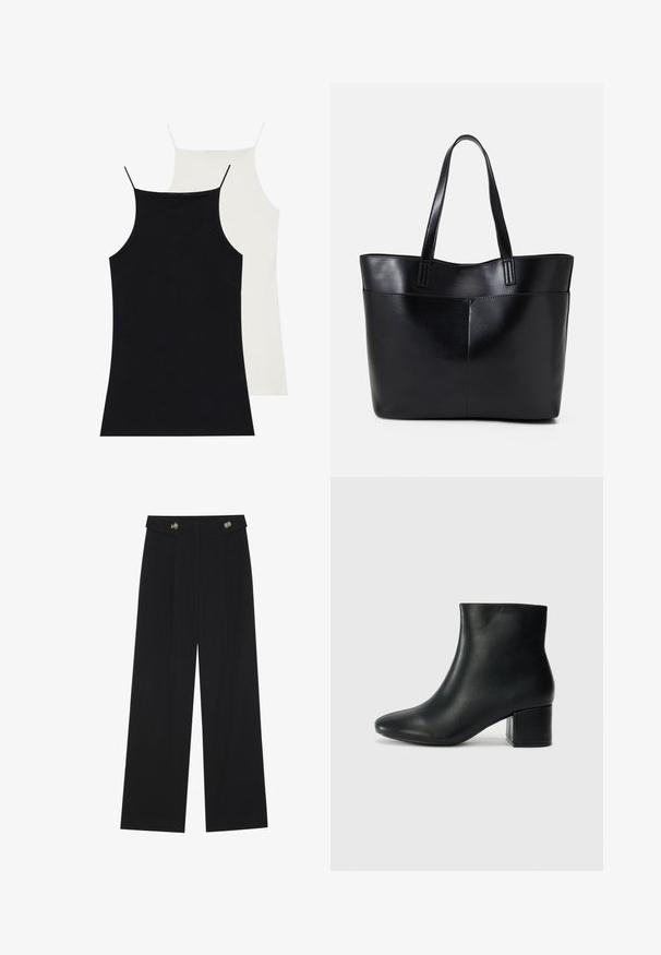 Zwei ärmellose Oberteile in Schwarz und Weiß, aus weichem Stoff gefertigt. Beide haben dünne Träger und ein figurnäheres Design sowie eine glatte Textur.; Schwarze weite Hosen mit hoher Taille, Knopfdetails am Bund und vorderen Falten.; Schwarze Leder-Ankle-Boots mit spitzem Zehenbereich und klobigem Absatz. Glatte Textur mit minimalen Akzenten und einem eleganten, taillierten Design.; Schwarze Leder-Shopper-Tasche mit zwei langen Griffen, einer glatten Textur und einer strukturierten Form. Verfügt über eine Vordertasche für zusätzlichen Stauraum.