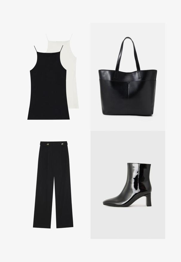 To tanktoppe i sort og hvid, lavet af blødt stof. Begge har tynde stropper og en tætsiddende design med en glat tekstur.; Sorte vide bukser med høj talje, knapdetaljer på taljebåndet og frontfald.; Sort lakeret ankelstøvle med spids tå og en midt-højde blokhæl. Glat tekstur og minimalistisk design.; Sort læder tote taske med to lange håndtag, en glat tekstur og en struktureret form. Har en forlommem for ekstra opbevaring.