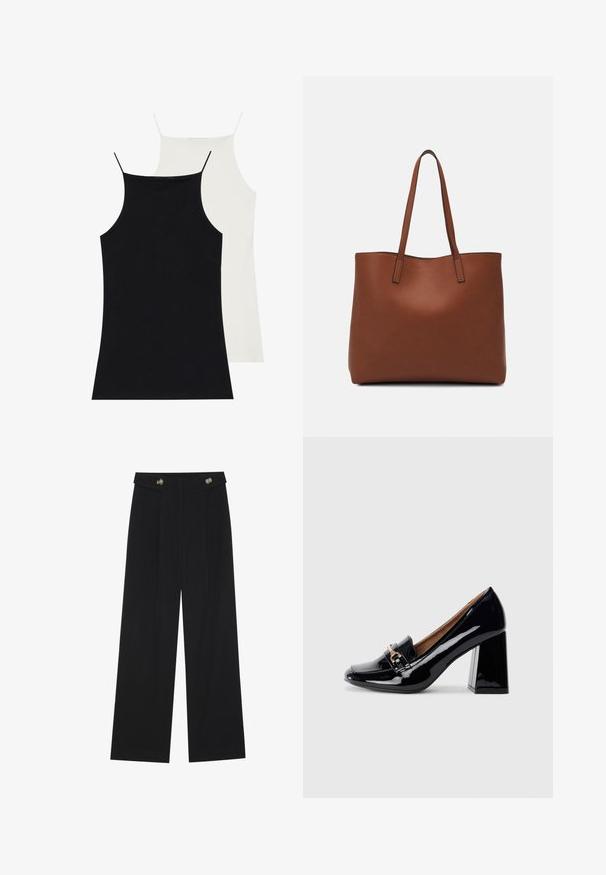 To tanktoppe i sort og hvid, lavet af blødt stof. Begge har tynde stropper og en tætsiddende design med en glat tekstur.; Sorte vide bukser med høj talje, knapdetaljer på taljebåndet og frontfald.; Sort patenteret læder højhælede sko med spids tå og blokhæl. Har en dekorativ rem og spænde detail på vamps.; Brun læder tote taske med en glat overflade, åben topdesign og to skulderremme. Har minimal syning og ingen synlig hardware.