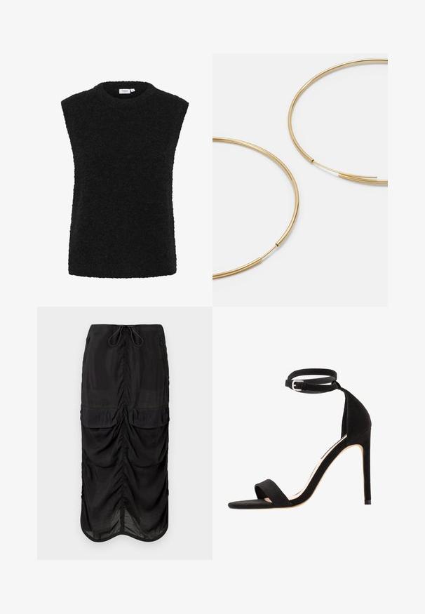 Must have mustritsauk, ümmarguse kaelusega, pehmest tekstuuriga kangast. Omab toores servi ja vaba lõiget.; Mustmustelise seelik, mis on valmistatud kergest kangast. Omab kogutud detaile, kahte esiosa taskut ja reguleeritavat paelvööd.; Mustad nahast kõrged kontsad, millel on lihtne rihma disain, avatud varvas ja pahkluu rihm, millel on hõbedane pannal.; Kulla värvi nõelad, õhukesed ja ümmargused, millel on sile metallist pind ja ilma kaunistuste või mustriteta.