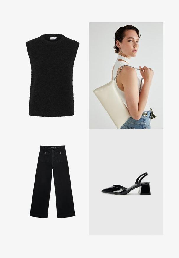 Musta hihaton toppi pyöreällä pääntiellä, valmistettu pehmeästä, teksturoidusta kankaasta. Siinä on raakoja reunoja ja rento istuvuus.; Mustat leveälahkeiset farkut korkean vyötärön kanssa, joissa on kaksi etutaskua ja metalliset nappikoristeet. Kangas on sileä.; Mustat patentoitu nahkakengät, joissa on säären takaosa ja terävä kärki, sekä geometrinen palikkakorko. Sisältää tyylikkään, minimalistisen muotoilun ja sileän pinnan.; Valkoinen suorakulmainen clutch-laukku, joka on valmistettu kiiltävästä materiaalista ja jossa on hopeinen ketjuolkahihna. Malli poseeraa laukku käsivarsillaan yksinkertaista taustaa vasten.