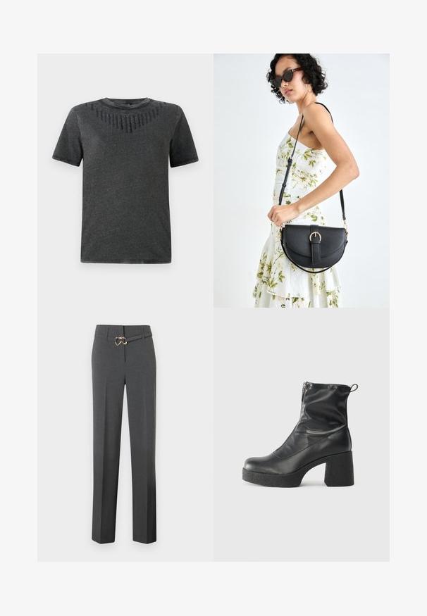 Gray short-sleeve t-shirt featuring a textured design with black embellishments on the chest. Made from soft fabric, casual fit.; Dark gray tailored women's trousers with straight legs and a thin matching belt featuring a gold-tone buckle.; Black ankle boots made of smooth leather, featuring a side zipper, chunky textured heel, and rounded toe design.; Black leather handbag with a curved shape, detachable strap, and gold hardware. The bag features a flap with a buckle detail.