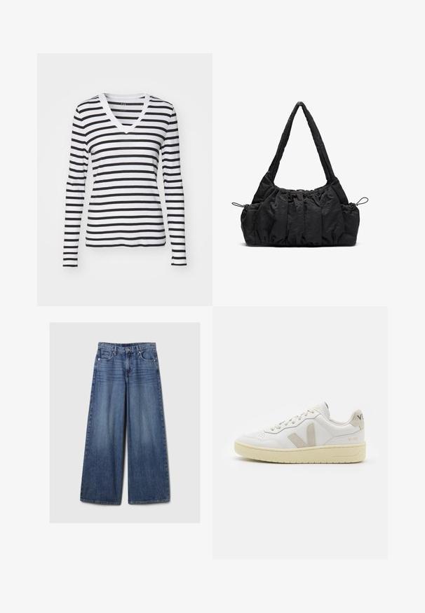Long-sleeve V-neck T-shirt in black and white horizontal stripes, made from soft fabric with a fitted design and contrasting neckline.; Wide-leg blue denim jeans with a faded finish, featuring a button and zipper closure, five pockets, and belt loops.; White leather sneaker with beige suede accents, perforated toe box, flat laces, and a textured cream sole. Features subtle branding on heel.; Black fabric handbag with gathered texture, two shoulder straps, and drawstring closure on sides. Smooth, lightweight material.