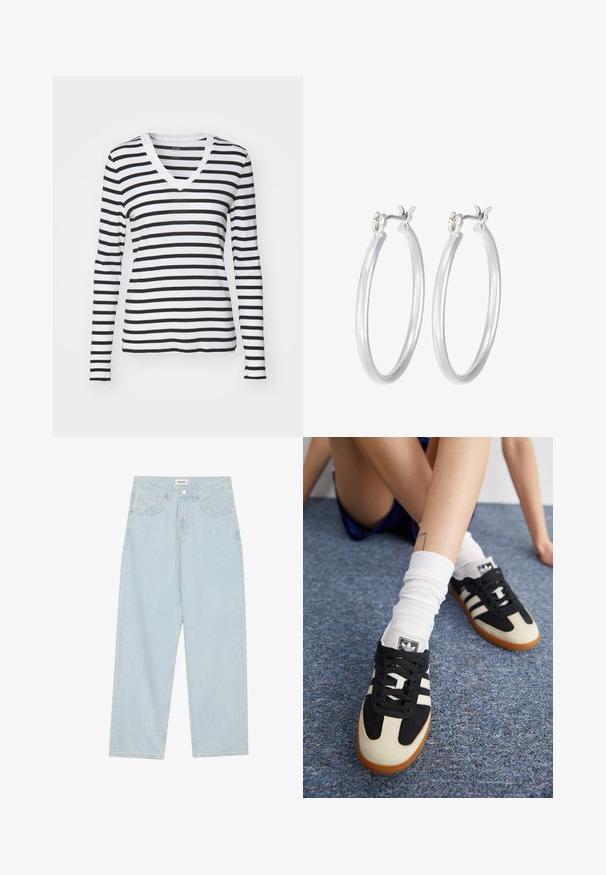 Duga majica s dugim rukavima u crno-bijelim horizontalnim prugama, napravljena od mekog materijala s tijesnim krojem i kontrastnim izrezom.; Svijetloplave široke traperice s srednjim strukom, pet džepova i zatvaranjem na gumba s uskim metalnim detaljem.; Crno-bijele atletske cipele s gornjim dijelom od antilopa i kože, sa tri bijele pruge i gumiranim potplatima. Par se nosi s bijelim čarapama.; Srebrne kružne naušnice s glatkom, poliranom površinom. Okrugli oblik i sigurno kopčanje na klik. Lagani dizajn pogodan za svakodnevno nošenje.