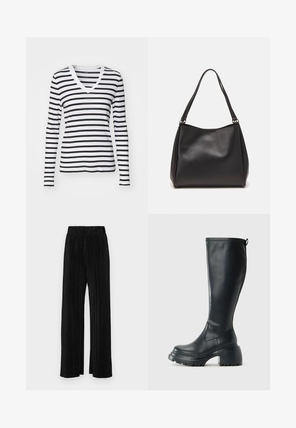 Pitkähihaisessa V-pääntie T-paidassa on musta-valkoinen vaakaraitakuosi. Se on valmistettu pehmeästä kankaasta, jossa on istuva malli ja erottuva pääntie.; Mustat pleatatut housut, joissa on joustava vyötärö. Ominaisuuksiin kuuluvat leveät lahkeet ja sileä, teksturoitu kangas, jossa on pystysuoria raitoja.; Korkeat mustat nahkakengät, joissa on paksu pohja ja lohkare korko, varustettuna vetonauhalla ja tekstuurilla ulkopohjassa.; Mustapintainen synteettisestä nahasta valmistettu käsilaukku, jossa on pehmeä pinta, hobo-muotoinen muotoilu ja kaksinkertaiset olkahihnat; siinä on kiiltävä pinta ja minimalistinen muotoilu.