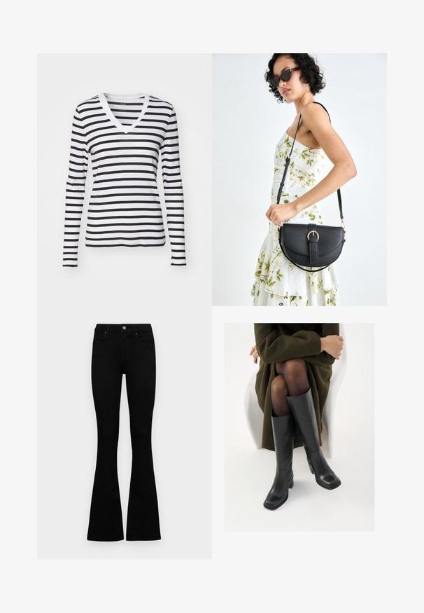 Mustava ja valges horisontaalsetes triipudes pika varrukaga V-kaelusega T-särk, valmistatud pehmest kangast, millel on sobiv disain ja kontrastne kaelus.; Mustad kõrge vöökohtadega teksad, millel on nööp ja lukuga sulgemine, esikäe taskud ja laienevad sääred, asetatud tasasele valgele taustale.; Knee-high mustad nahast saapad nelinurkse varbaga ja plokilise kontsaga, esitatud mudeli kõrval, kes istub oliivirohelises mantlis. Sujuv tekstuur, minimaalne detailide arv.; Mustmust mustraha kõverate joontega, eemaldatava rihmaga ja kuldsete detailidega. Kotil on klapp, millel on pandladetail.; Hõbedased rõngaskõrvarõngad, millel on sujuv ja ümar disain, millel on sile pind ja nähtavad kaunistused puuduvad. Diameeter ei ole täpsustatud.