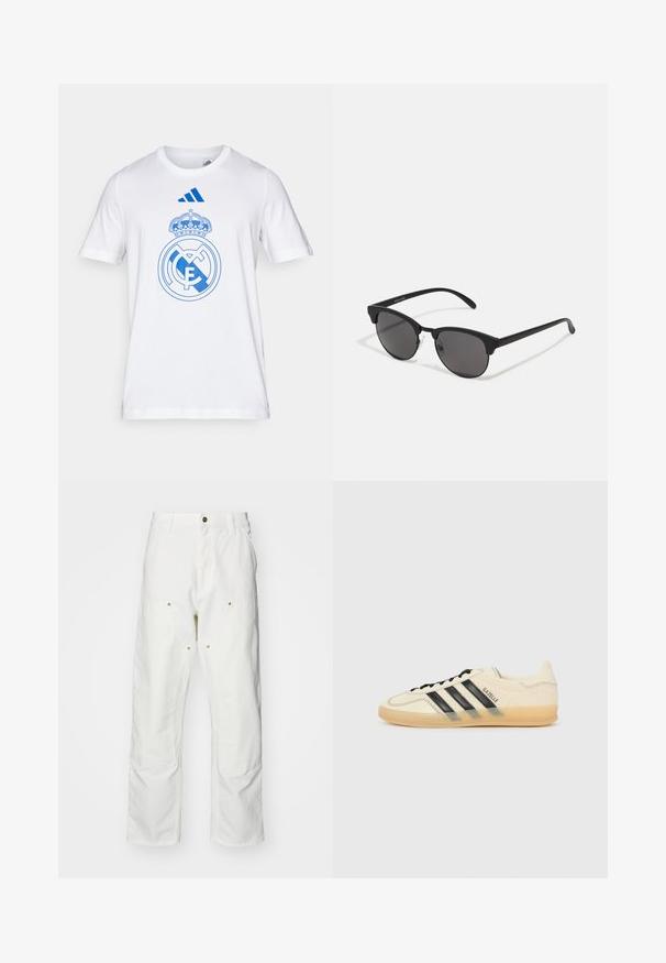 White cotton t-shirt featuring a blue Real Madrid logo and crown design. Includes blue Adidas branding on the upper chest. Short sleeves.; White cotton cargo pants with a relaxed fit. Features include front pockets, gold hardware accents, and reinforced knee sections.; Light cream sneaker with black three-stripe design, textured upper, round toe, and gum sole. Features laces and branding on side.; Black sunglasses with round lenses, matte finish, and distinctive cat-eye shape. Slim arms with subtle branding on the left temple.