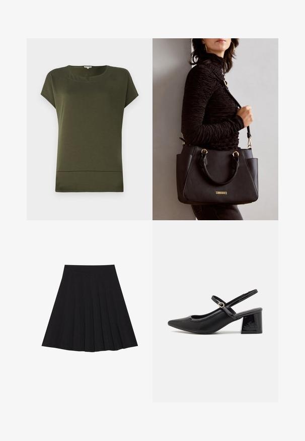 Olive green short-sleeve top with a rounded neckline and a straight hem. Made of soft, smooth fabric with a clean, simple design.; Black pleated skirt made of textured fabric with a fitted waistband. Falls to knee length, featuring a smooth, clean silhouette.; Black patent leather slingback heels with a pointed toe, a rounded cutout design, and a block heel. Features a gold-tone buckle accent.; Black handbag with textured surface, dual top handles, and adjustable shoulder strap. Features gold-tone hardware and side pockets.