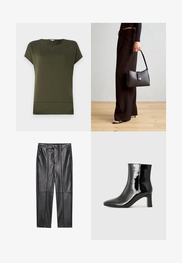 Oliivinvihreä lyhythihainen paita, jossa on pyöreä kaula-aukko ja suora helma. Valmistettu pehmeästä, sileästä kankaasta, jossa on siisti ja yksinkertainen muotoilu.; Musta nahkahousut, joissa on sileä pinta, suora leikkaus, kaksi etutaskua ja näkyvät saumat.; Musta patenttilakattu nilkkuri, jossa on terävä kärki ja keskipitkä lohkarekorko. Silkkinen pinta ja minimalistinen muotoilu.; Musta käsilaukku, jossa on rakenteellinen muoto, sileä pinta ja metallinen solki. Yhdistetty leveisiin mustiin housuihin ja avonaiheisiin sandaaleihin puulattialla.