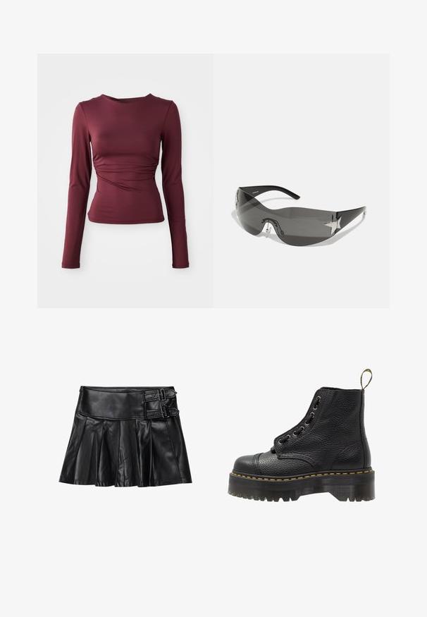 Burgundin pitkähihaisessa paidassa on joustava kangas. Siinä on istuva muotoilu, jossa on rypytystä vyötäröllä ja pyöreä kaula-aukko.; Musta nahkahame, jossa on laskokset, leveä vyötärönauha ja kaksi solkea sivuilla. Sujuva rakenne, jossa on kiiltävä pinta.; Mustat nahkaisen nilkkurit, joissa on teksturoidun pinnan, pyöreä kärki, nauhakiinnitys, keltainen ommel ja paksu, uritettu musta alustapohja.; Musta aurinkolasit, joissa on ympäröivä muotoilu, tummat tummennuslinssit, kiiltävät tähtimuotoiset koristeet ja säädettävät nenätyynyt.; Kaksitoista rengaskiinnityksellä olevaa korvakorua hopea- ja kultasävyissä. Mukana on kiemuraisia, sileitä ja teksturoituja malleja eri kokoisina ja viimeisteltyinä.