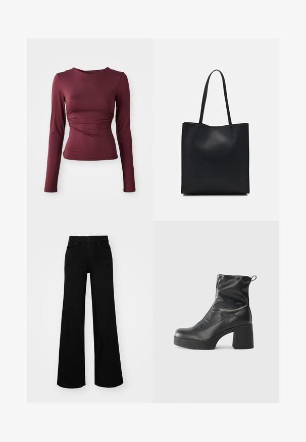 Top lung cu mâneci lungi, burgundy, realizat dintr-un material elastic. Acesta are un design ajustat, cu detalii pliate la talie și un decolteu rotund.; Pantaloni negri cu picioare largi, din denim, cu un brau structurat, bucle pentru curea și buzunare frontale. Textură netedă, cu un design clasic.; Bocanci negri de glezna din piele netedă, cu fermoar lateral, toc texturat și masiv, și design cu vârf rotund.; Geantă tote neagră din piele, cu textură netedă, formă rectangulară și două mânere lungi. Fără hardware vizibil sau ornamente.