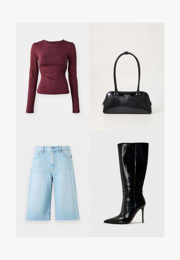 Burgundská dlouhá trička vyrobená z elastické tkaniny. Má vypasovaný design s nařasením v oblasti pasu a kulatým výstřihem.; Světle modré denimové šortky volného střihu, s třepeným lemem, pěti kapsami a kovovými doplňky. Klasický design džínů s jemným vyblednutím.; Černé kožené vysoké boty po kolena s špičatou špičkou a vysokým jehlovým podpatkem. Hladká textura a elegantní design, s minimálními detaily.; Černá lesklá kabelka s křivkovým siluetou, dvěma uchy a předními logovými destičkami. Zipové zapínání a lesklé kovové akcenty.; Sada dvanácti náušnic ve tvaru kruhu ve stříbrných a zlatých tónech. Obsahuje zkroucené, hladké a texturované designy v různých velikostech a povrchových úpravách.