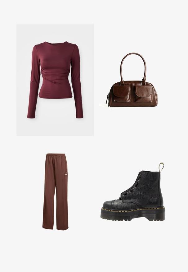 Top lung cu mâneci lungi, burgundy, realizat dintr-un material elastic. Acesta are un design ajustat, cu detalii pliate la talie și un decolteu rotund.; Pantaloni atletici maro, cu o croială lejeră. Confectionați dintr-un material neted, au buzunare laterale, dungi albe și un mic logo alb pe coapsă.; Botine negre din piele cu suprafață texturată, vârf rotund, design cu șireturi, cusături galbene și o talpă groasă, cu striații, de culoare neagră.; Geantă din piele maro cu două buzunare cu clapetă în față, mânere rotunde și un fermoar pe lateral, pe un fundal alb.
