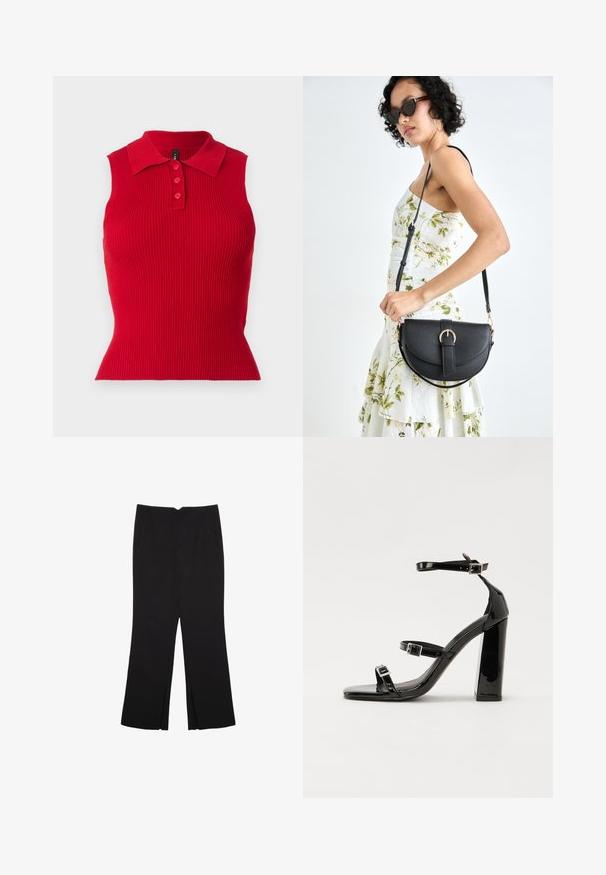 Punainen hihaton ribbipaita, jossa on klassinen kaulus ja kolmonen napitus. Vartalonmyötäinen malli, jossa on teksturoitu kangas.; Mustat housut suoralinjaisella leikkauksella, joissa on etutaskut ja sivurei'ät helman alla. Valmistettu pehmeästä ja sileästä kankaasta. Sopii eri tilaisuuksiin.; Musta kiiltävä korkokenkä sandaalit neliönmuotoisella varpaalla, nilkkaremmillä ja hopeisilla soljilla. Varustettu tukevalla lohkokorkealla vakauden takaamiseksi.; Musta nahkainen käsilaukku, joka on kaareva muotoilultaan, irrotettavalla hihnalla ja kultaisilla yksityiskohdilla. Laukussa on läppä, jossa on solk yksityiskohta.