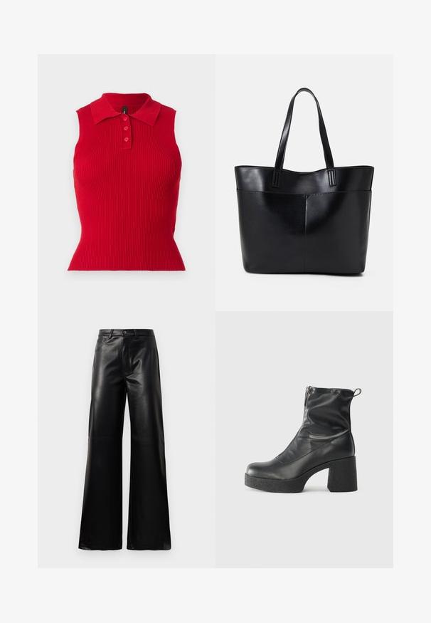 Červený bezrukávový rebrový polo top s klasickým golierom a trojmiestnym zapínaním na gombíky. Priliehavý strih s textúrovanou tkaninou.; Čierne vysokopriestené široké nohavice z umelého kože s predným gombíkom, zipsom, pútkami na opasok a bočnými vreckami na bielom pozadí.; Čierne členkové topánky z hladkej kože, so bočným zipsom, robustnou textúrovanou pätnou časťou a zaobleným dizajnom špičky.; Čierna kožená tote taška s dvoma dlhými rúčkami, hladkým povrchom a štruktúrovaným tvarom. Obsahuje prednú kapsu pre dodatočné uskladnenie.