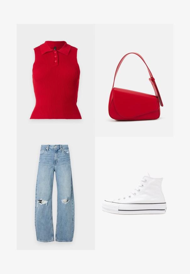 Red sleeveless ribbed polo top featuring a classic collar and three-button placket. Fitted design with a textured fabric.; Light blue, high-waisted jeans made of denim. Feature wide legs, two torn knee areas, and classic five-pocket styling.; White high-top canvas sneaker with black rubber sole, front rubber toe cap, and six eyelets for laces, featuring a clean, minimalist design.; Red leather handbag with an angular, geometric design. Features a single adjustable strap and a flap closure with stitched detailing.