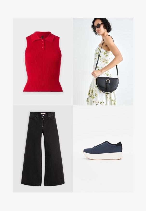 Raudonas be rankovių ribotas polo marškinėlis su klasikine apykakle ir trimis sagomis. Fiksuotas dizainas su tekstūruotu audiniu.; Plačios kojų džinsai iš juodo džinsinio audinio su užtrauktuku priekyje, penkių kišenių dizainu ir subtiliais siuvinėjimo akcentais. Lygus paviršius ir laisvalaikio stilius.; Tamsiai mėlynas sportinis batelis su tekstūruotu audiniu viršuje, baltu platformos padu, apvaliu pirštu ir juodu kulno akcentu.š. Yra šešios skylės raišteliams.; Juodas odinis krepšys su išlenkta forma, nuimamu dirželiu ir auksiniais detalėmis. Krepšys turi kilpą su sagtimi.