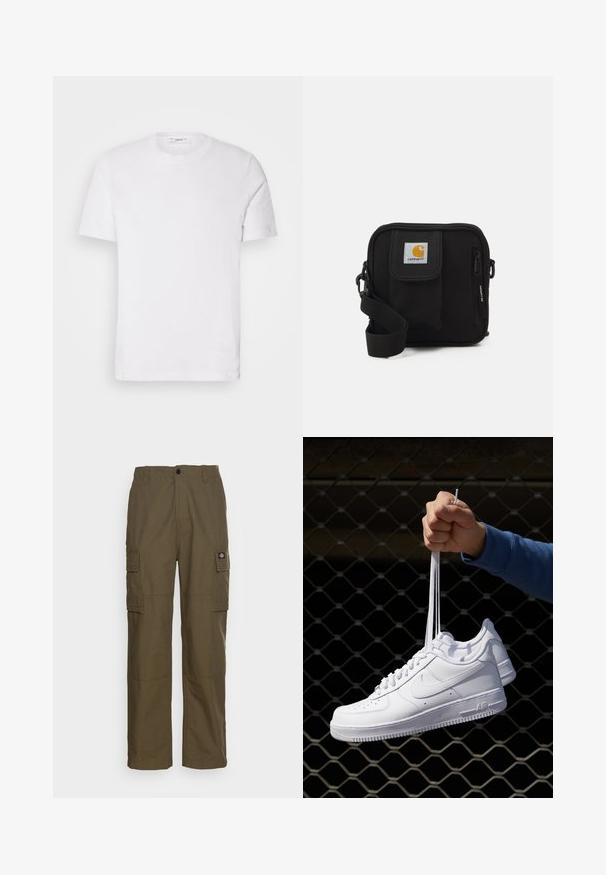 T-shirt bianco in cotone con scollo rotondo e maniche corte. Presenta un logo del marchio discreto sul davanti, una texture liscia e una vestibilità classica.; Pantaloni cargo verde oliva, realizzati in tessuto resistente. Presentano due tasche laterali, un punto vita standard e un design a gamba dritta.; Sneakers in pelle bianca con perforazioni, punta rotonda, suola piatta e lacci spessi, con logo swoosh visibile e "AIR" sul tallone.; Borsa a tracolla nera con un compartimento principale con zip, tasca frontale, tracolla regolabile e una patch del logo visibile sul risvolto.