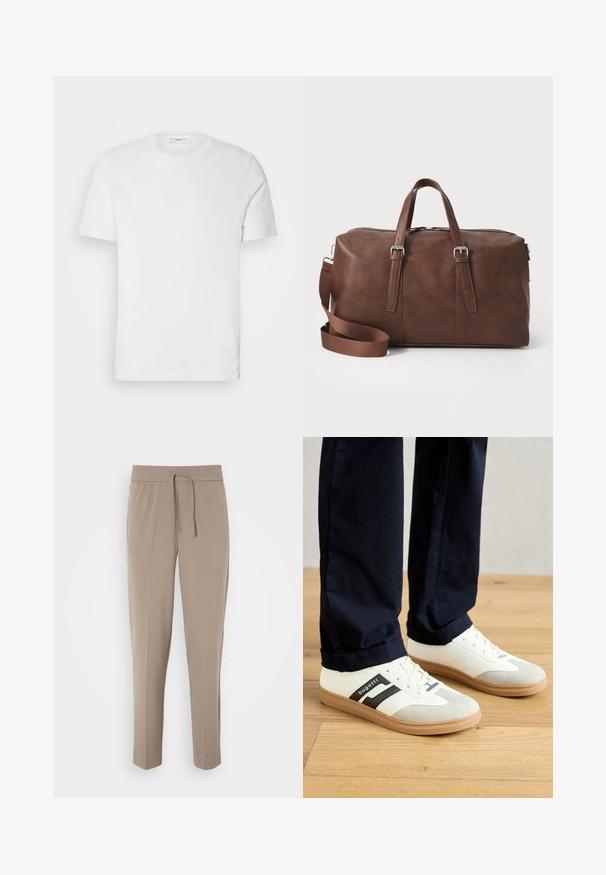Biela bavlnená tričko s okrúhlym výstrihom a krátkym rukávom. Obsahuje jemné logo značky na prednej strane, hladkú textúru a klasický strih.; Svetlo béžové nohavice s elastickým pásom, nastaviteľnou šnúrkou a zúženými nohavicami. Tkanina vyzerá hladko s jemným leskom.; Biele a šedé tenisky s čiernymi pruhmi, vyrobené z kože, s gumovou podrážkou a plochými šnúrkami. Nosené s námorníckymi nohavicami na drevenej podlahe.; Hnedá kožená cestovná taška s hornými ušami, odnímateľným popruhom, zipsovým uzáverom a hladkou textúrou. Minimalistický dizajn bez viditeľných log.