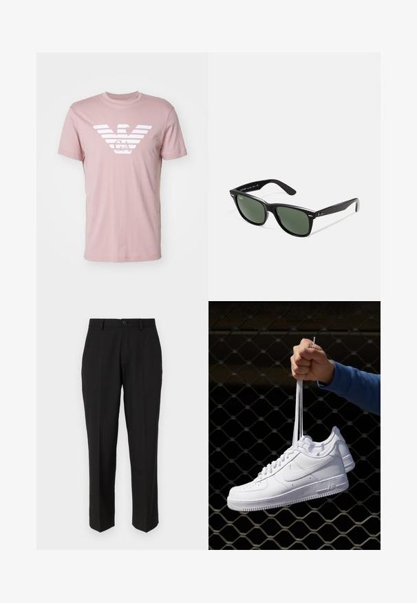 Emporio Armani T-shirts med print - fawn; svarte bukser laget av glatt stoff, med strak ben design, frontlommer, en enkelt knappelukking, og ingen synlige mønstre.; Hvite skinnsneakers med perforeringer, rund tå, flat såle og tykke lisser, med en synlig swoosh-logo og "AIR" på hælen.; Sorte plast-solbriller med grønne linser, firkantede rammer, sølvdetalje på brynene, og teksturerte stangarmen. Angitt merke på indre arm.