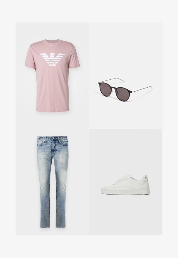 Emporio Armani Marškinėliai su spaudiniu - fawn; Šviesiai mėlyni džinsai su nuvalytu paviršiumi, aptemptas fasonas, penki kišenės ir kontrastingos siūlės.; Balti odiniai sportiniai bateliai su lygia apdaila, apvaliu pirštu, plokščiais raišteliais ir tekstūruotu padu. Pasižymi subtiliu logotipu ant kulno.; Juodos apvalios saulės akinių su tamsiais lęšiais ir plonomis metalinėmis šakomis. Įtraukti skaidrūs šventyklų galai ir sidabriniai akcentai vyrio srityje. Minimalistinis dizainas.