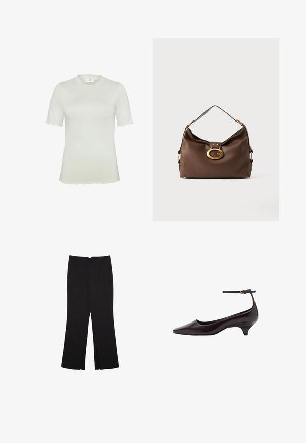 Short-sleeve, light green top made of soft fabric, featuring a round scalloped neckline and scalloped sleeve edges.; Black trousers with a straight fit, featuring front pockets and side slits at the hem. Made of soft, smooth fabric. Suitable for various occasions.; Dark brown pointed-toe leather kitten heel shoe with a thin ankle strap and a small gold buckle.; Brown leather handbag with a textured finish, featuring a gold-tone hardware clasp and a single, curved shoulder strap.