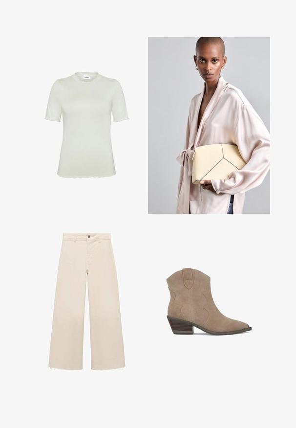 Short-sleeve, light green top made of soft fabric, featuring a round scalloped neckline and scalloped sleeve edges.; Wide-leg trousers in light beige cotton, featuring a button closure, subtle frayed hem, and a loose fit design.; Beige suede ankle boots with a pointed toe, curved stitching details, and a stacked heel. Features a tab for easy pull-on.; Cream structured handbag with contrasting black seams, featuring a geometric design. Smooth texture with gold hardware accents.