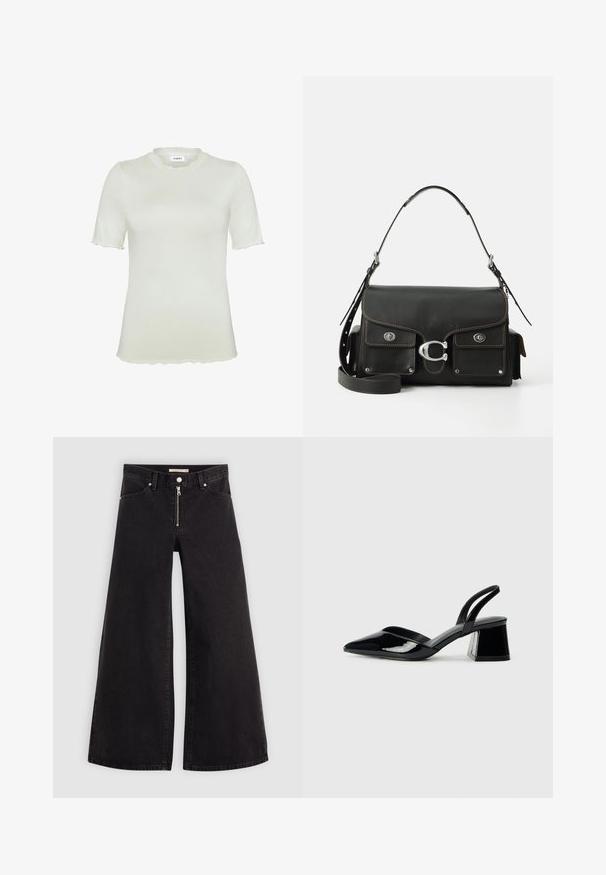 Kratki rukavi, svijetlozeleni top od mekog materijala, s okruglim izrezom s valovitim rubom i rubovima rukava koji su također valoviti.; Široke traperice od crnog denima s prednjim zatvaračem, dizajnom s pet džepova i suptilnim detaljima šivanja. Glatka tekstura i ležeran stil.; Crne lakirane kožne sandale s otvorenom petom i špicastim vrhom, s geometrijskom blok petom. Imaju elegantan, minimalistički dizajn i glatku teksturu.; Crna kožna torba s poklopcem, srebrnim dodacima, dva prednja džepa, kontrastnim šavovima i odvojivom naramenicom.
