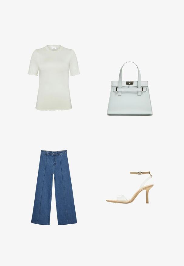 Kurzärmliges, hellgrünes Oberteil aus weichem Stoff mit einem runden, gewellten Ausschnitt und gewellten Ärmelenden.; Weite Jeans aus Denim in Mittelblau, mit hoher Taille, Knopfverschluss und kontrastierenden vertikalen Nahtdetails an der Vorderseite.; Durchsichtige Sandale mit transparentem Obermaterial, beigem Fußbett und einem schlanken Knöchelriemen. Sie hat eine spitz zulaufende Zehenpartie und einen dünnen, hohen Absatz.; Helle blaue Handtasche mit strukturiertem Design, zwei Griffen und einem Beschlag aus silberfarbenem Metall. Texturiertes Material und scharfe Ecken.