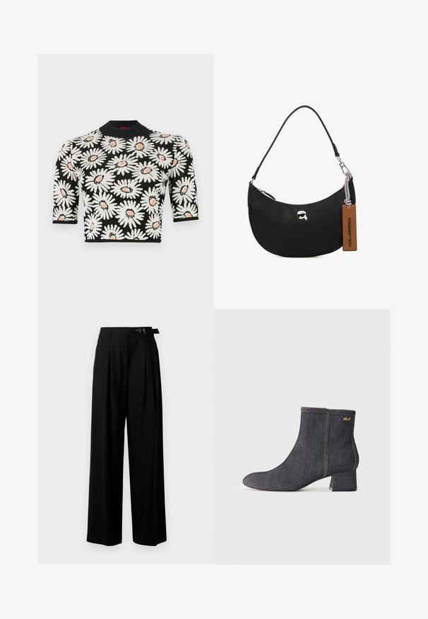 Neulepaita mustalla taustalla, jossa on valkoisia päivänkakkaroita ja oranssit keskiosat. Lyhyet hihat ja pyöreä kaula-aukko. Raskaampi kangas.; Mustat leveät housut korkealla vyötäröllä, etuosassa laskokset ja soljellinen vyö. Valmistettu sileästä ja kevyestä kankaasta.; Tummansiniset nilkkurit, joissa on terävä kärki, korkea blokkikorko, näkyvät ompeleet ja hienovarainen brändilogo sivulla. Sileä tekstuuri.; Musta nahkakäekott, millel on krobeline tekstuur, kaarjad jooned, ülemine lukuga kinnistus, hõbedane riistvara ja pruun silt. Omab logo aktsenti.