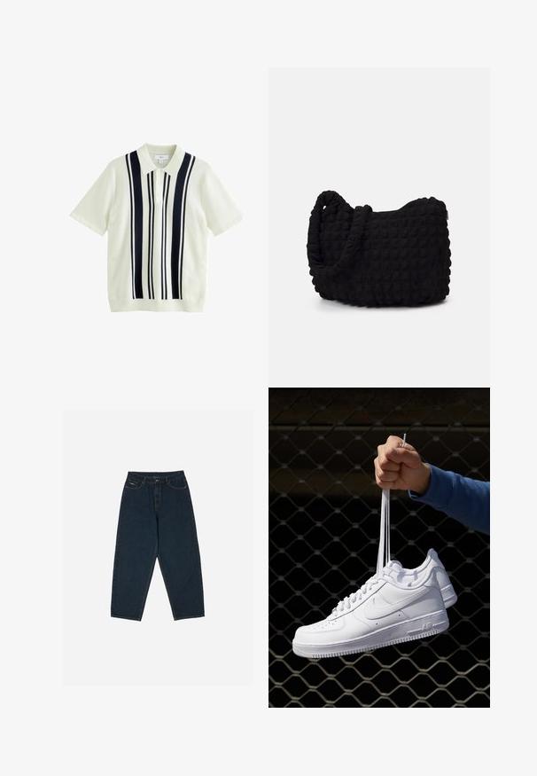 Kreemivärvi lühikeste varrukatega polo särk, millel on tumesinised vertikaalsed triibud, varustatud krae ja kolme nupuga pesaga. Kootud tekstuur igal pool.; Tumedad sinised kõrge vöökohaga teksad, millel on lõtv istuvus, viie tasku ja nööpidega sulgemine. Valmistatud siledast denimist.; Valged nahast tennisetossud, millel on perforatsioonid, ümar nina, lame tallus ja paksud nöörid, nähtava swooshi logoga ja "AIR" kontsadel.; Must mustkott, millel on tekstuuriga tikitud muster. Ümar kuju, lühikesed ja jämedad sangad ning pehme, paindlik struktuur.
