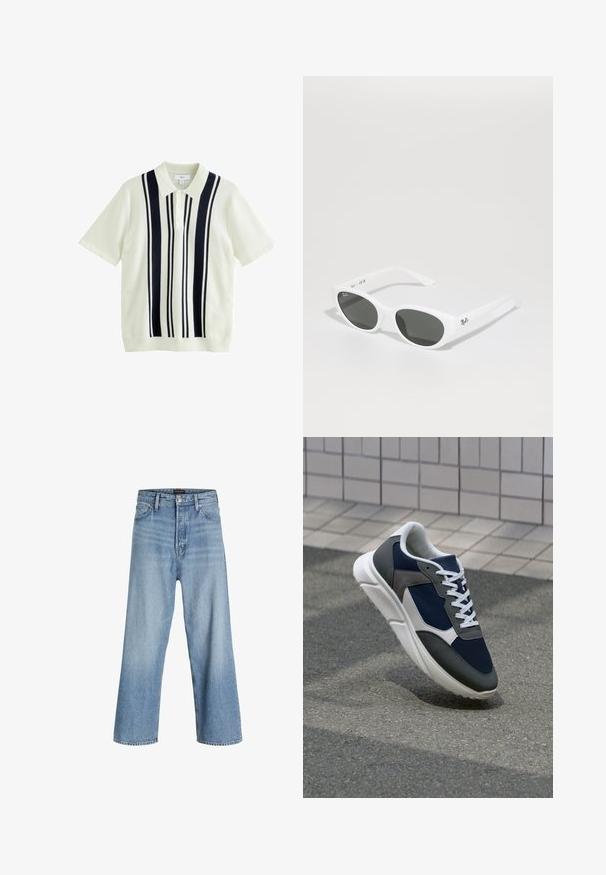 Lyhythihainen polo-paita kermaisen värin ja tummansinisten pystyraitojen yhdistelmällä, jossa on kaulus ja kolme nappia. Neulottu rakenne läpi.; Vaaleansiniset leveälahkeiset farkut, joissa on korkeavyötärö, klassinen viisi-taskumalli ja napp closure, jossa on vetskari.; Kengät, joissa on tummansininen verkkopäällinen, harmaat mokka-yksityiskohdat, valkoinen kumipohja ja litteät valkoiset nauhat, suunniteltu mukavuutta ja hengittävyyttä varten.; Valkoiset aurinkolasit pyöreillä kehysmuodoilla ja tummilla linsseillä. Ominaisuudet sileä muovinen pinta ja pieni logo varressa.