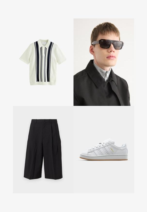 Krátky rukáv polo tričko v krémovej farbe s námorníckymi vertikálnymi pruhmi, s golierom a zapínaním na tri gombíky. Pletená textura po celom tričku.; Čierne plisované šortky vyrobené z látky s hladkou textúrou, s predným zapínaním na gombík a širokými, voľne sa prispôsobujúcimi nohavicami.; Biele tenisky s perforovaným dizajnom trojprúžku, textúrovanými akcentmi, gumovou podrážkou a zlatým logom "CAMPUS" na boku.; Slnečné okuliare v korytnačkovom vzore s čiernymi akcentmi a obdĺžnikovým tvarom. Sivé strany sú zdobené logom značky. Nosené s čiernym kabátom a sivým rolákom.