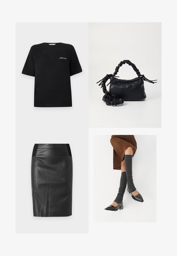 Sort bomulds t-shirt med korte ærmer og rund hals. Have hvid broderet tekst på venstre brystområde. Glat tekstur.; Sorte læderblyantskirt med en tætsiddende design, glat tekstur og elastisk talje med detaljer på begge sider. Flad kant i bunden.; Sorte patenterede lædersko med spids tå, blokhæl og ankelrem, kombineret med grå ribbede benvarmere og en brun ruskinds nederdel.; Sort kunstlæder håndtaske med krokodilteksur, indsnøret top og en sammenkrøben rem. Ser blød og kompakt ud i designet.