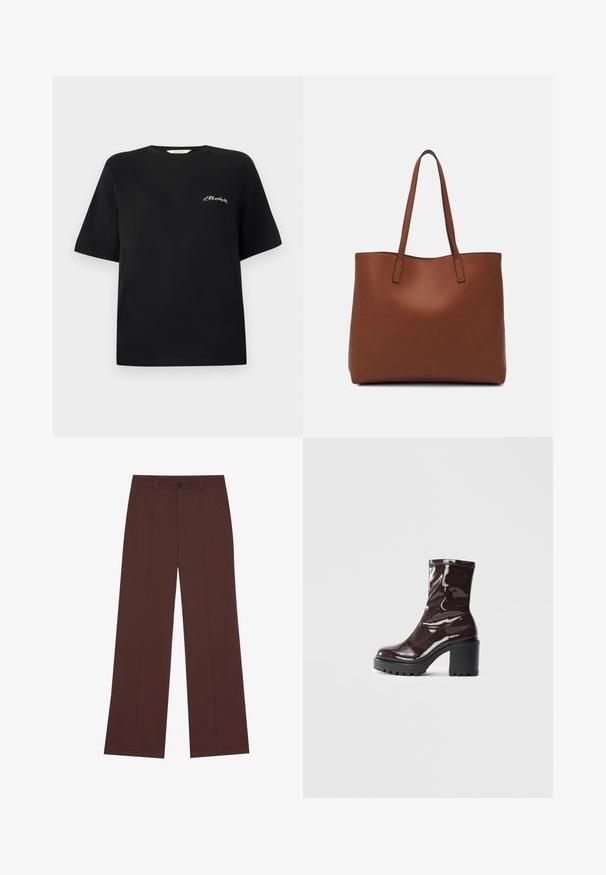 Čierne bavlnené tričko s krátkym rukávom a okrúhlym výstrihom. Obsahuje biele vyšívané písmo v oblasti ľavej hrude. Hladká textúra.; Široké nohavice z bohatého hnedého materiálu. Majú zapínanie na gombík, dve predné vrecká, hladkú textúru a čisté línie.; Lesklé burgundské kotníkové boty s robustním černým podpatkem, s hladkou strukturou a jednoduchým designem. Bez viditelných zapínání nebo vzorů.; Hnedá kožená taška na rameno s hladkou textúrou, otvoreným vrchom a dvoma ramenými popruhmi. Má minimálne šitia a žiadne viditeľné kovania.