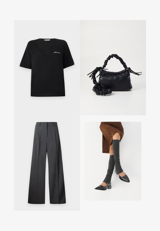 Sort bomulds t-shirt med korte ærmer og rund hals. Have hvid broderet tekst på venstre brystområde. Glat tekstur.; Bredde benbukser i mørkegrå stof, med høj talje, enkelte læg og en glat tekstur med en ren finish ved kanten.; Sorte patenterede lædersko med spids tå, blokhæl og ankelrem, kombineret med grå ribbede benvarmere og en brun ruskinds nederdel.; Sort kunstlæder håndtaske med krokodilteksur, indsnøret top og en sammenkrøben rem. Ser blød og kompakt ud i designet.