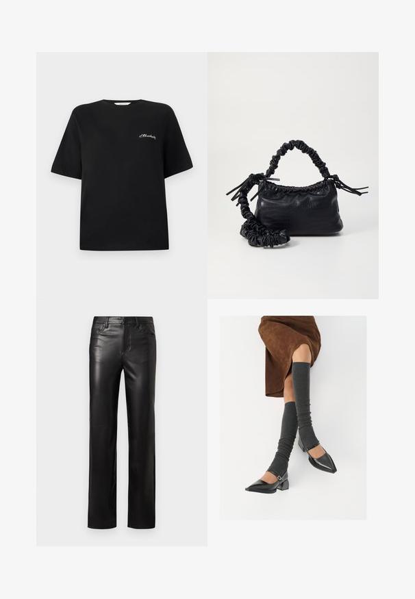 Zwarte katoenen t-shirt met korte mouwen en een ronde hals. Bevat witte geborduurde tekst op de linkerborst. Glad textuur.; Zwarte leren broek met een rechte snit, voorzien van een knoopsluiting en voorzakken. Soepele textuur met subtiele stikdetails.; Zwarte gepatineerde leren pumps met een puntige neus, een blokhak en een enkelbandje, gecombineerd met grijze geribde beenwarmers en een bruine suède rok.; Zwarte nepleer handtas met een krokodillenstructuur, opgedroogde bovenkant en een gekreukte hengsel. Het lijkt zacht en compact van ontwerp.