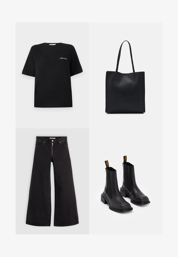 Crna pamučna majica s kratkim rukavima i okruglim izrezom. Sadrži bijeli izvezeni tekst na lijevoj strani prsnog dijela. Glatka tekstura.; Široke traperice od crnog denima s prednjim zatvaračem, dizajnom s pet džepova i suptilnim detaljima šivanja. Glatka tekstura i ležeran stil.; Crne gležnjače od glatke kože s elastičnim bočnim panelima, kvadratnom kapicom i debelim potplatom. Sadrže žute brendirane ručke.; Crna kožna torba za nošenje s glatkom teksturom, pravokutnim oblikom i dvije duge ručke. Nema vidljivih metalnih dijelova ili ukrasa.