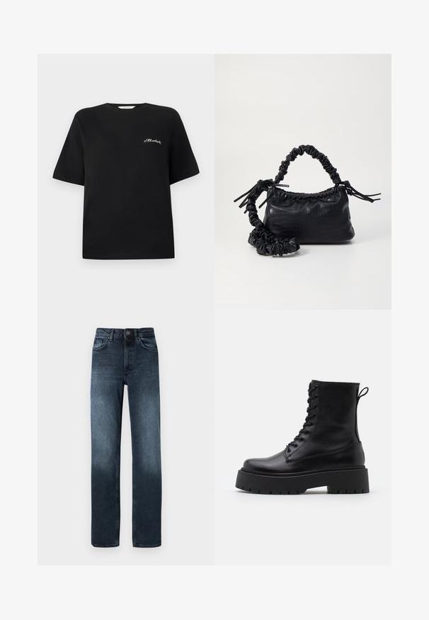 Black cotton t-shirt with short sleeves and a crew neck. Features white embroidered text on the left chest area. Smooth texture.; Dark blue denim jeans with a straight-leg cut, five pockets, and a front button closure. Features fade detailing near the hem.; Black leather ankle boots with a round toe, lace-up front, and a thick rubber sole featuring a textured tread. Pull tab at the back.; Black faux leather handbag with a crocodile texture, cinched top, and a scrunched strap. Appears soft and compact in design.