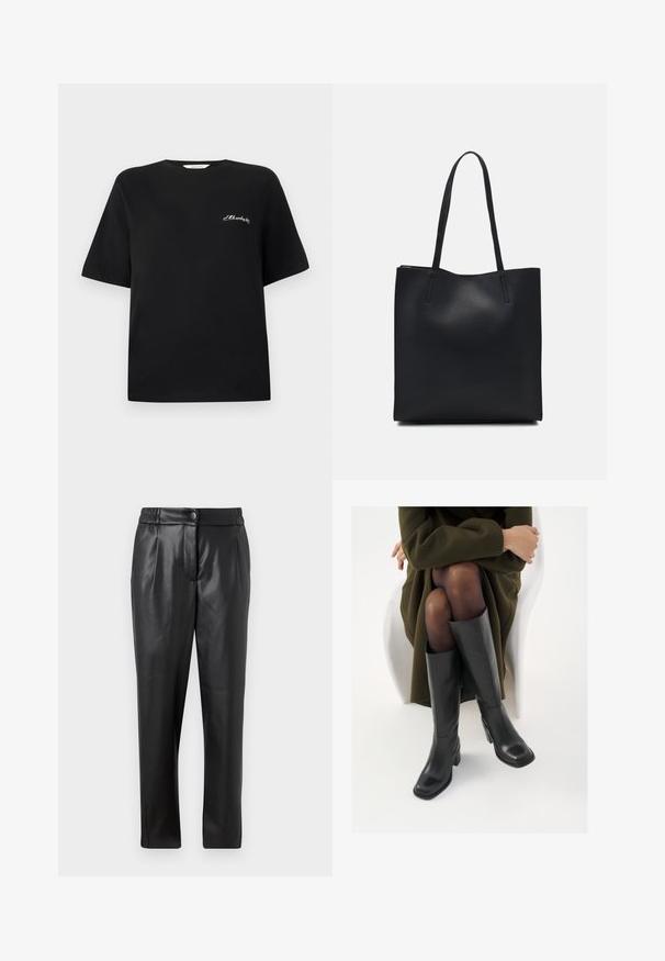 Musta puuvillapaita lyhythihaisilla ja pyöreällä kauluksella. Vasemmassa rintakehässä valkoista brodeerattua tekstiä. Sileä rakenne.; Mustat nahkahousut, joissa on sileä pinta, suora leikkaus, joustava vyötärö ja etupainike; poimutettu yksityiskohta ja suppilomaiset lahkeet.; Polvisuoja mustat nahastossud, millel on ruudukujuline varvas ja plokk-kints, on esitatud mudeli seljas, kes istub oliivrohelises mantlis. Sile tekstuur, minimaalne detailitus.; Mustapahkainen kangaskassi, jossa on sileä pinta, suorakaiteen muotoinen ja kaksi pitkää kahvaa. Ei näkyvää metalliosaa tai koristeita.