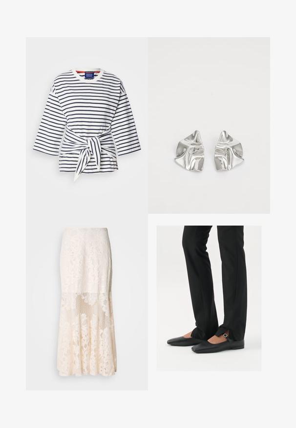 Prugasta, lahka srajca v beli in mornarski modri barvi s tremi četrtinami rokavi in detajlom z vezanjem v pasu. Bombažna tkanina z okroglim izrezom.; Cvečni čipkast midi krilo v kremni barvi; vključuje plasten dizajn s prosojnimi sekcijami, teksturiranim čipkastim materialom in razširjenim robom.; Črne usnjene balerinke s koničastim nosom, trak z srebrno zaponko, v kombinaciji s črnimi elegantnimi hlačami z razporkom na robu.; Srebrni kovinski uhani z valovitim, skulpturalnim dizajnom, ki se ponašajo s poliranim zaključkom in nerednimi oblikami, kar poudarja sodobno estetiko.