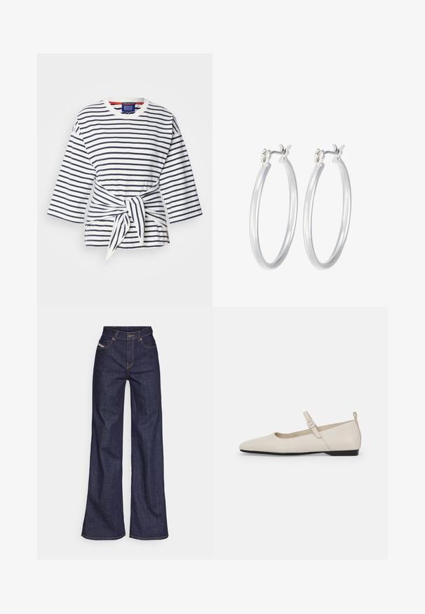 Sarkanai un tumši zilā krāsā raibā, viegla krekla ar trīs ceturtdaļu piedurknēm un savilkuma jostas detaļu. Kokvilnas audums ar apaļu kakla izgriezumu.; Tumši zili platleņķa džinsi no denima auduma ar augstu jostasvietu, ar oranžām šuvēm, piecu kabatu dizainu un pogu aizdari.; Baltās ādas Mary Jane kurpes ar smailu purngalu, sānu sprādzi un zemu melnu papēdi. Gluda tekstūra un minimālisma dizains.; Sudraba riņķveida auss gredzeni ar gludu, pulētu apdari. Apaļa forma un drošs klikšķa augšējais slēgums. Viegls dizains, kas piemērots ikdienas valkāšanai.